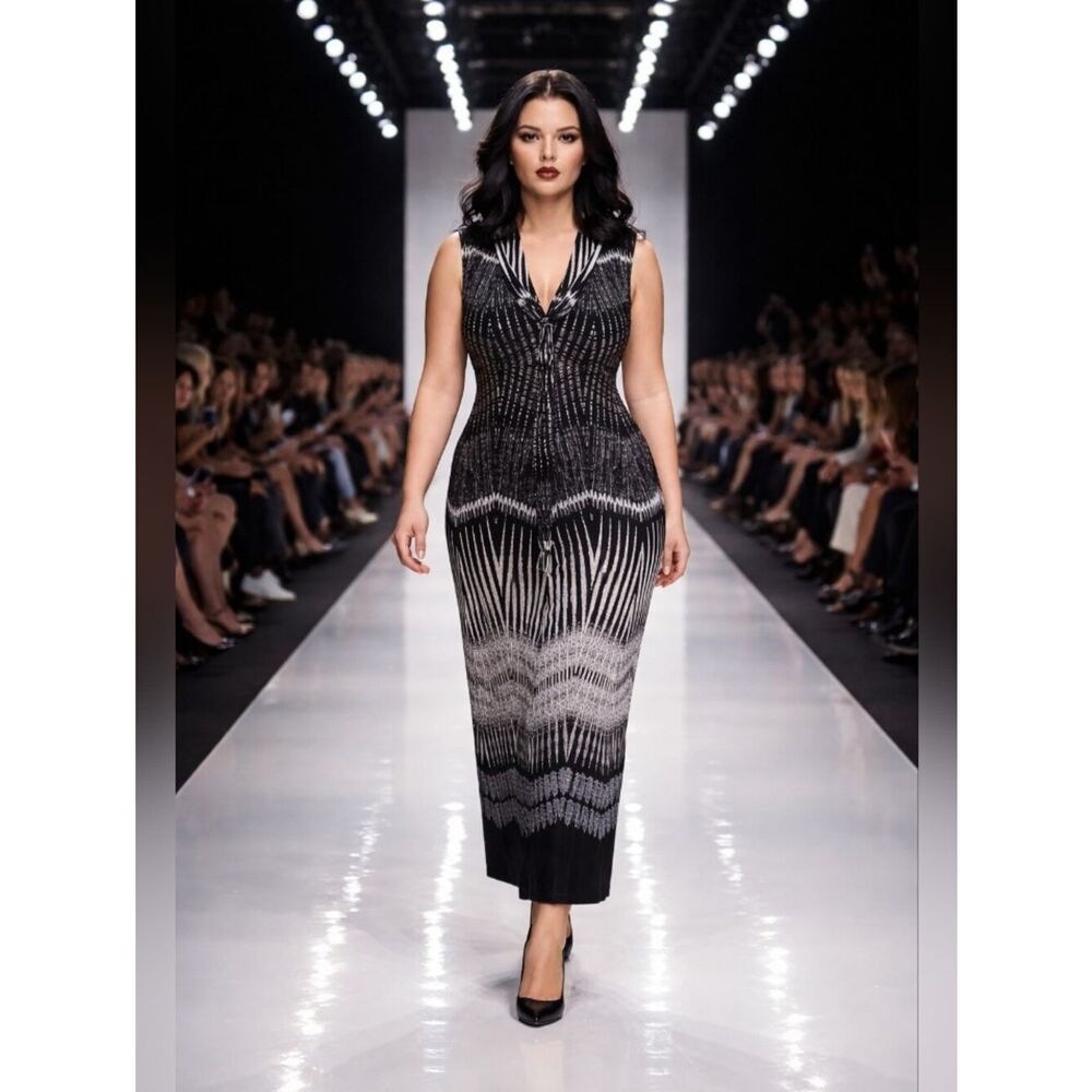 Glamour Black & White Sleeveless V‑Neck Geometric Maxi Dress